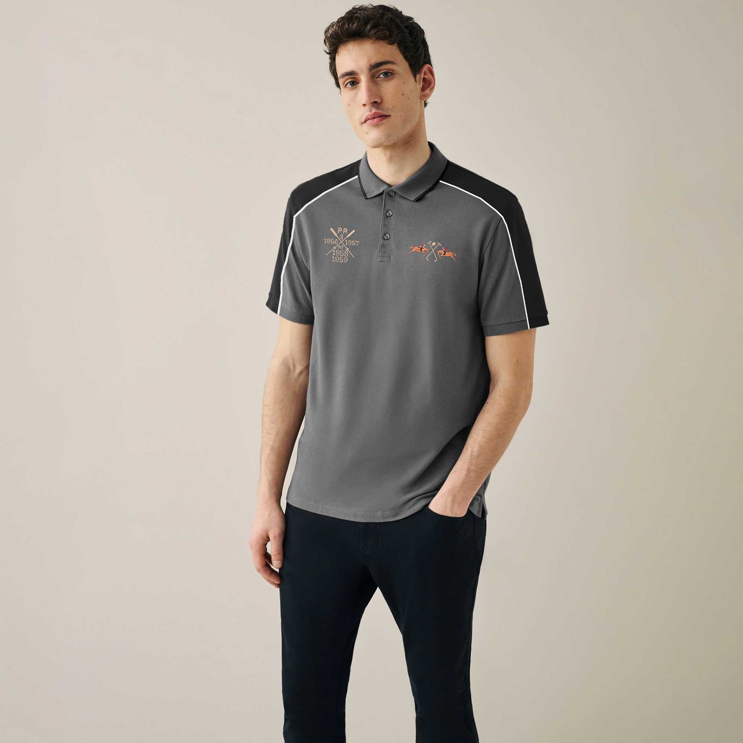 Polo Republica Men's Double Pony & Mallets Embroidered Contrast Panels Polo Shirt Men's Polo Shirt Polo Republica Slate Grey & Black S