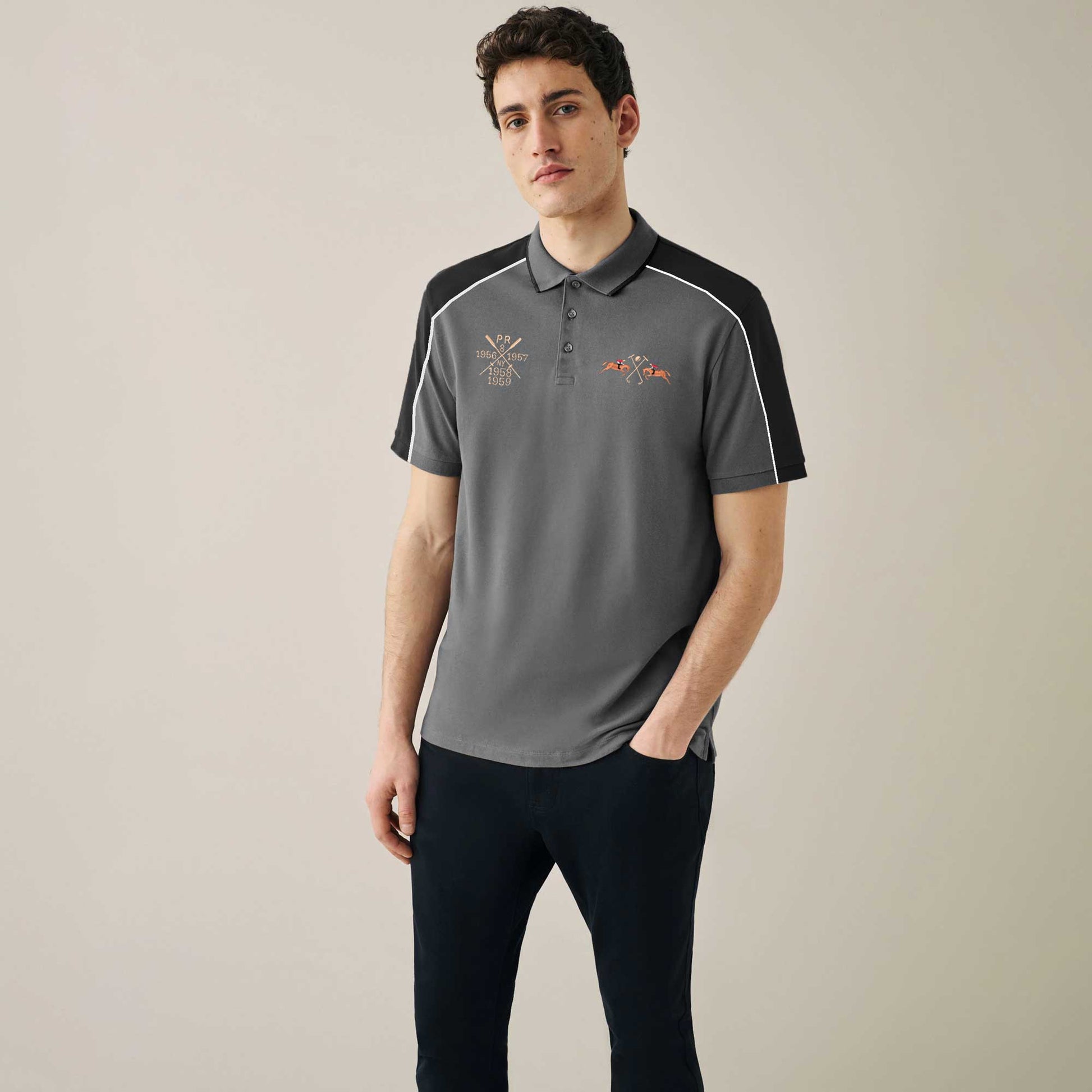 Polo Republica Men's Double Pony & Mallets Embroidered Contrast Panels Polo Shirt Men's Polo Shirt Polo Republica Slate Grey & Black S