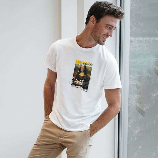 Polo Republica Men's Mona Lisa Printed Crew Neck Tee Shirt Men's Tee Shirt Polo Republica White S
