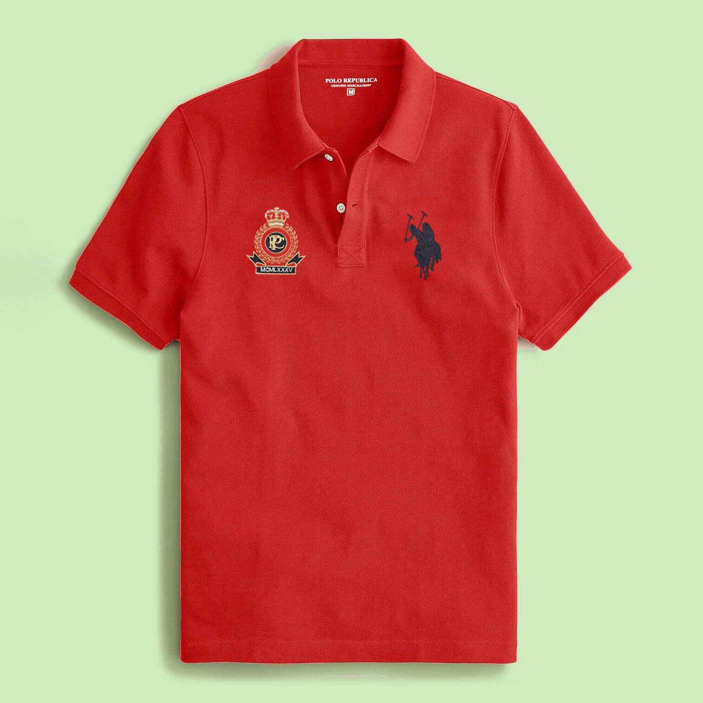 Polo Republica Men's 2 Pony Rider & Crest Embroidered Short Sleeve Polo Shirt