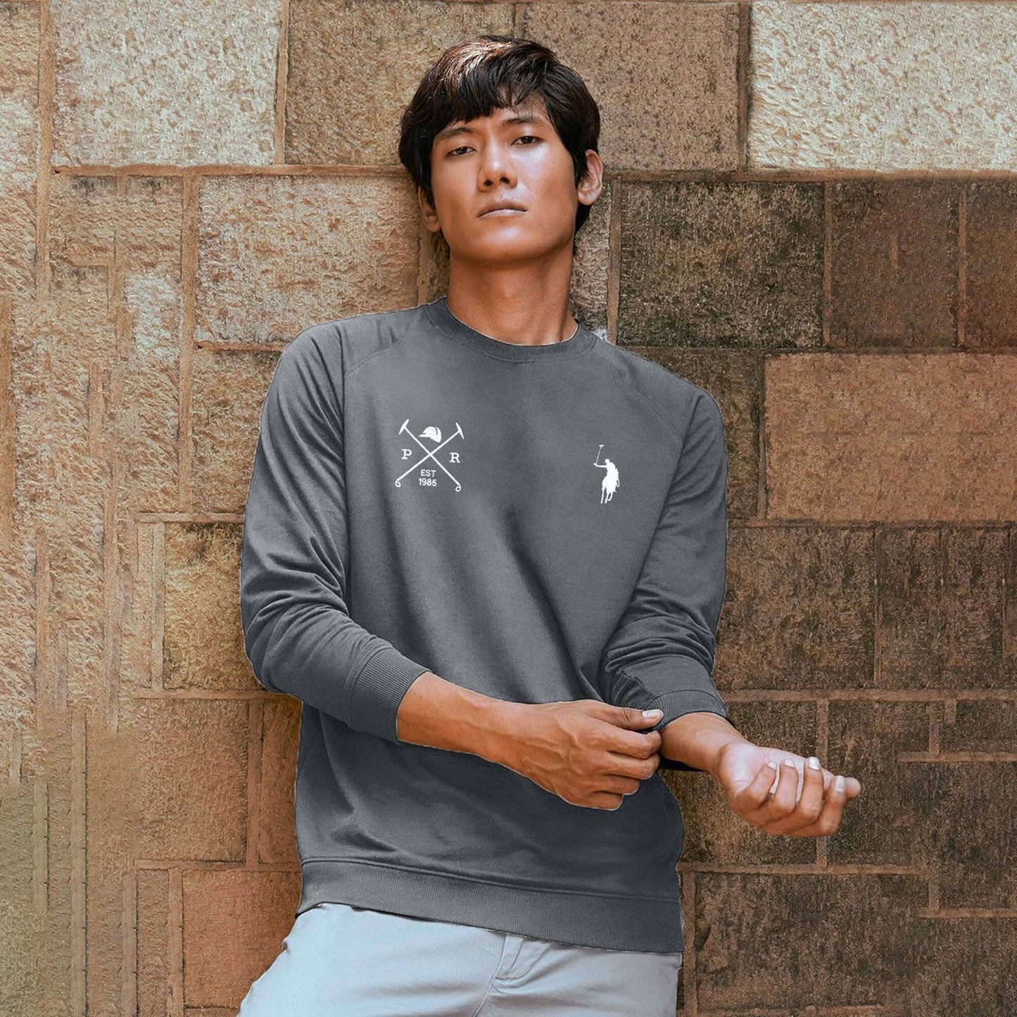 Polo Republica Men's Pony & Mallets Embroidered Raglan Long Sleeve Pique Tee Shirt Men's Tee Shirt Polo Republica Slate Grey S