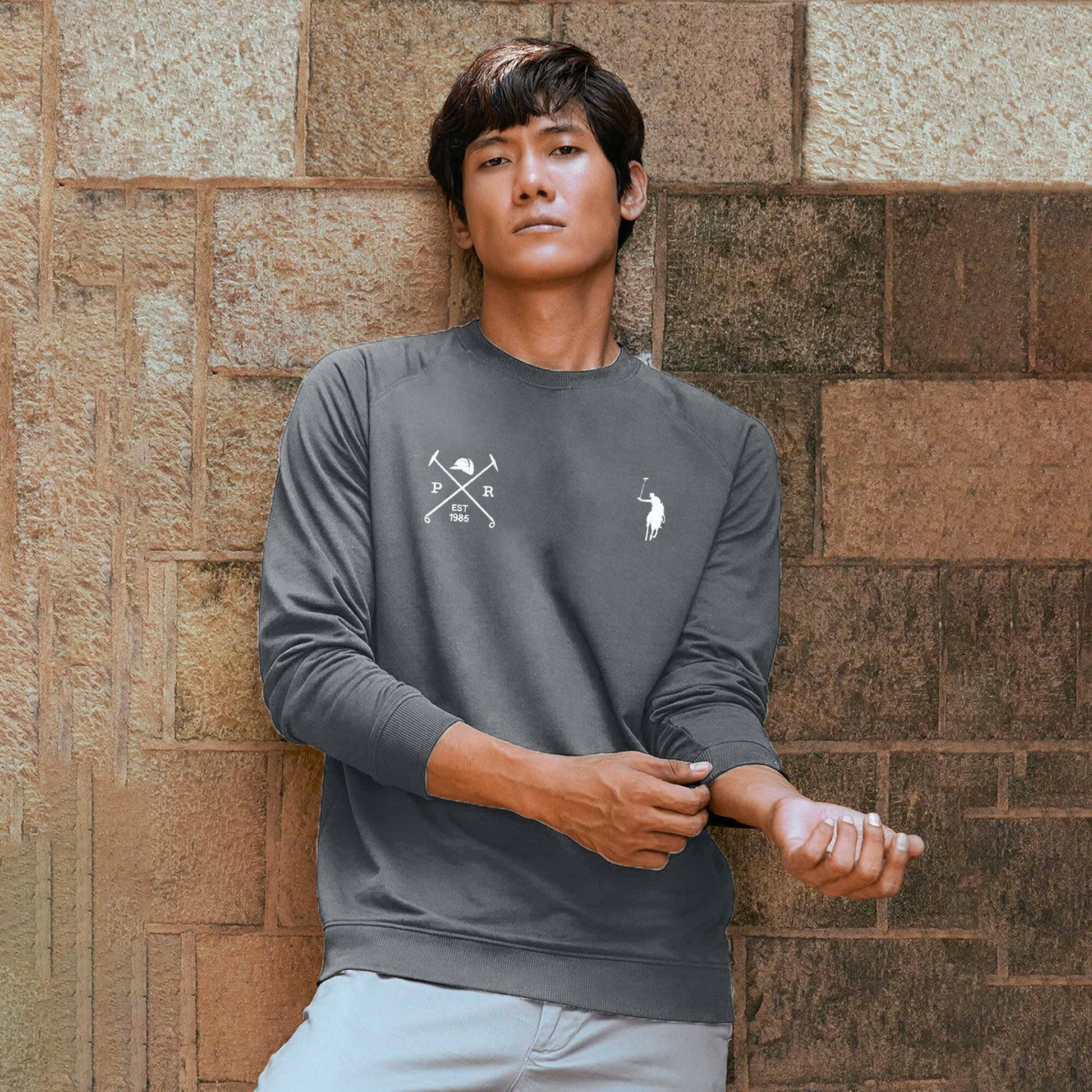 Polo Republica Men's Pony & Mallets Embroidered Raglan Long Sleeve Pique Tee Shirt Men's Tee Shirt Polo Republica Slate Grey S