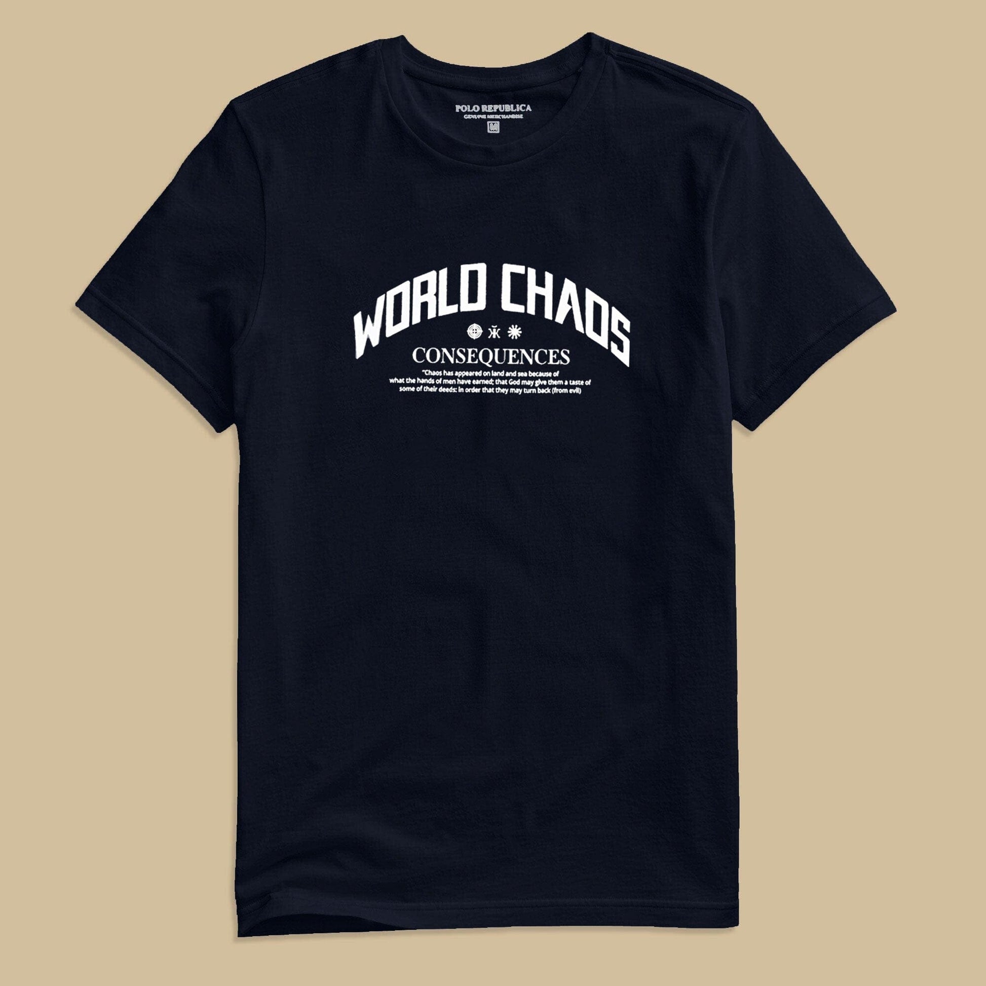 Polo Republica Men's World Chaos Printed Crew Neck Tee Shirt Men's Tee Shirt Polo Republica