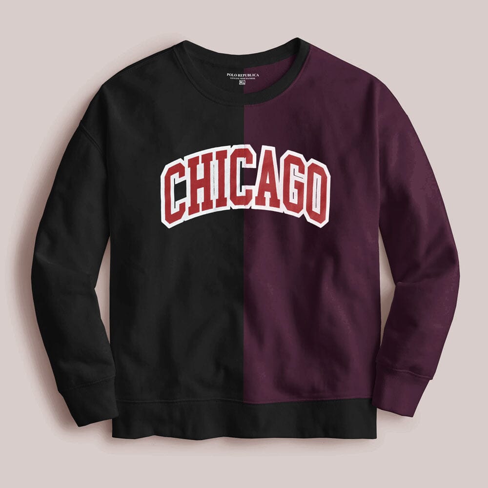 Polo Republica Men's Chicago Printed Panel Design Terry Sweat Shirt Men's Sweat Shirt Polo Republica Black & Maroon S