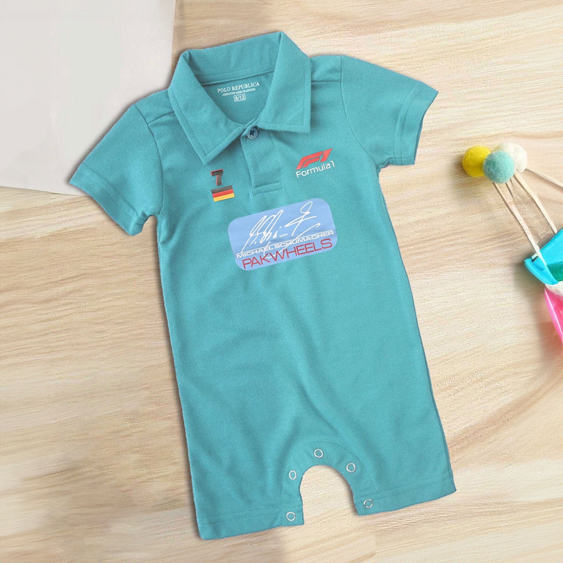 Polo Republica PakWheels Formula 7 Printed Short Sleeve Baby Romper Romper Polo Republica Aqua Blue 0-3 Months 