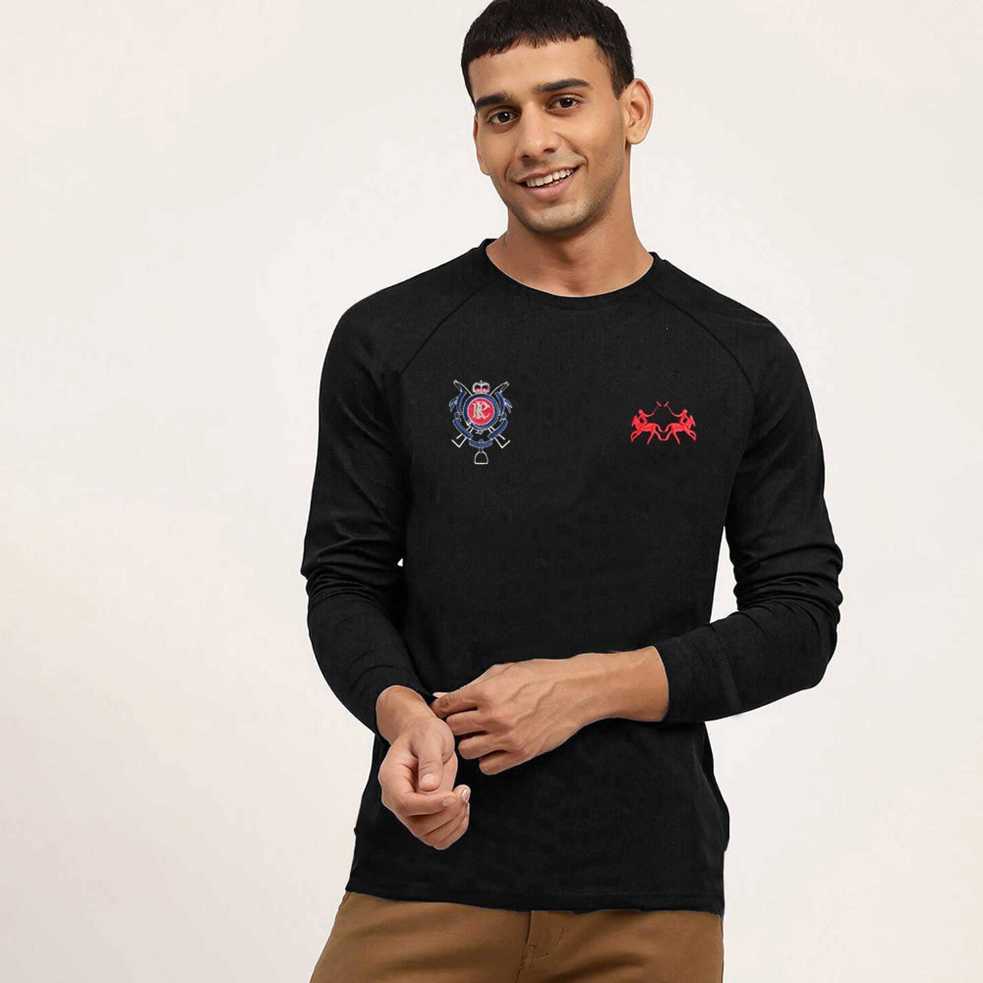 Polo Republica Men's Double Pony & Crest Embroidered Raglan Sleeve Tee Shirt Men's Tee Shirt Polo Republica Black S 