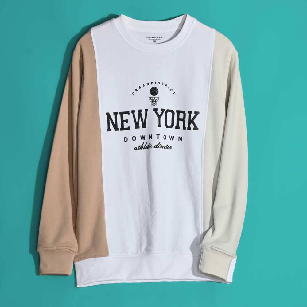 Polo Republica Men's New York Printed Vertical Panel Terry Sweat Shirt Men's Sweat Shirt Polo Republica White & Skin S 