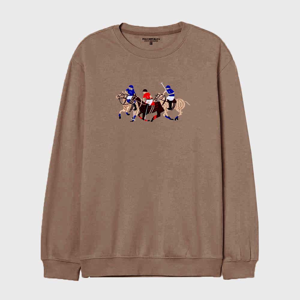 Polo Republica Men's Triple Horse Embroidered Fleece Sweat Shirt Men's Sweat Shirt Polo Republica Brown S 